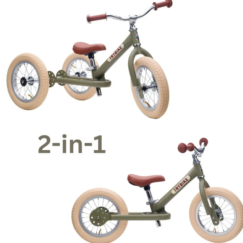 trybike_steel_in_vintage__0.webp Kids Trybike Outdoor Toys | Christmas Toys>steel 2-in-1, Vintage Matt Green 3 wheeler –